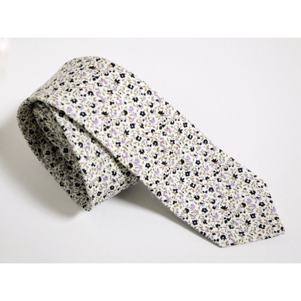 NICK GRAHAM MENS FLORAL TIE WHITE w/ LILAC PURPLE GOLD AND BLACK 3 X 59